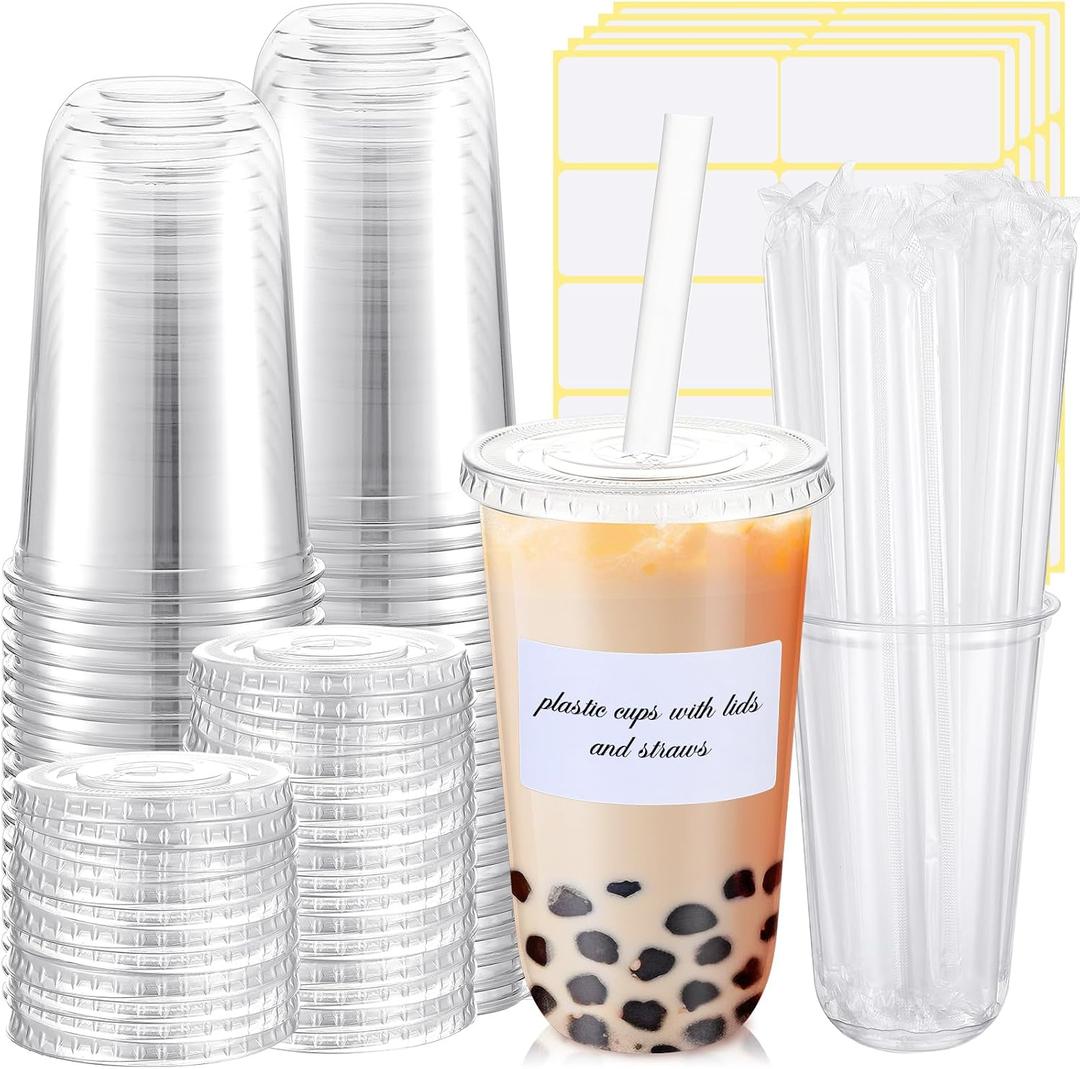 Ziliny 50 Sets Crystal Plastic Clear Cups with Lids, Straws and Stickers, Disposable Iced Coffee Cups Thickened PET for Iced Coffee, Bubble BobaTea, Smoothie, Cold Drinks, Juice, Shops (18 oz)