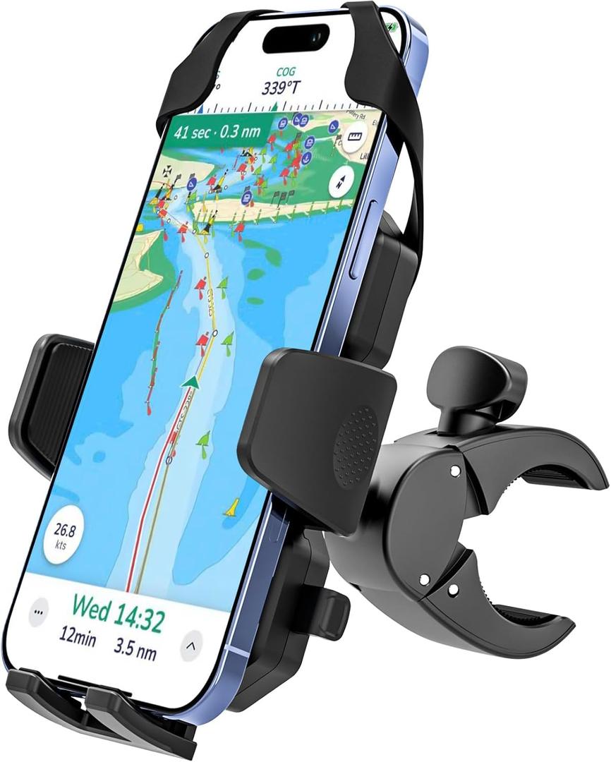 Boat Phone Clamp Mount, [Strap Double Protection] Marine Cell Phone Clip Holder, 360 Adjustable Sailboat Rail Bar Pole Helm Clamp Holder for iPhone 16 15 14 Pro Max, Galaxy, 4-7" Smartphone