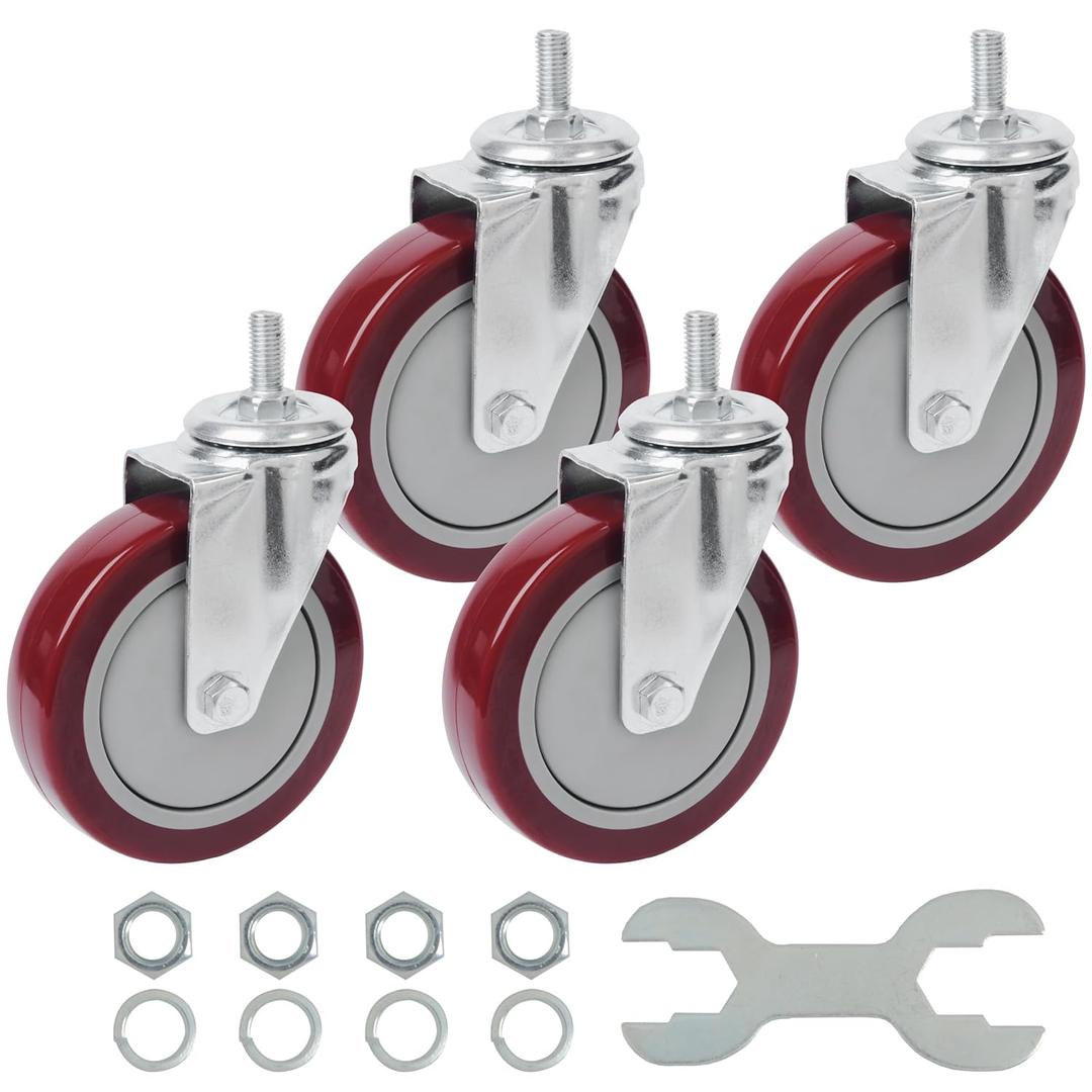 Finnhomy Swivel Caster Wheels 5 Inch Threaded Stem Casters Set of 4 Heavy Duty 1/2"-13 x 1 Anti-wear Polyurethane Industrial Castor Wheels for Cart/Furniture Load Bearing 2200 Lbs Smooth Casters Red