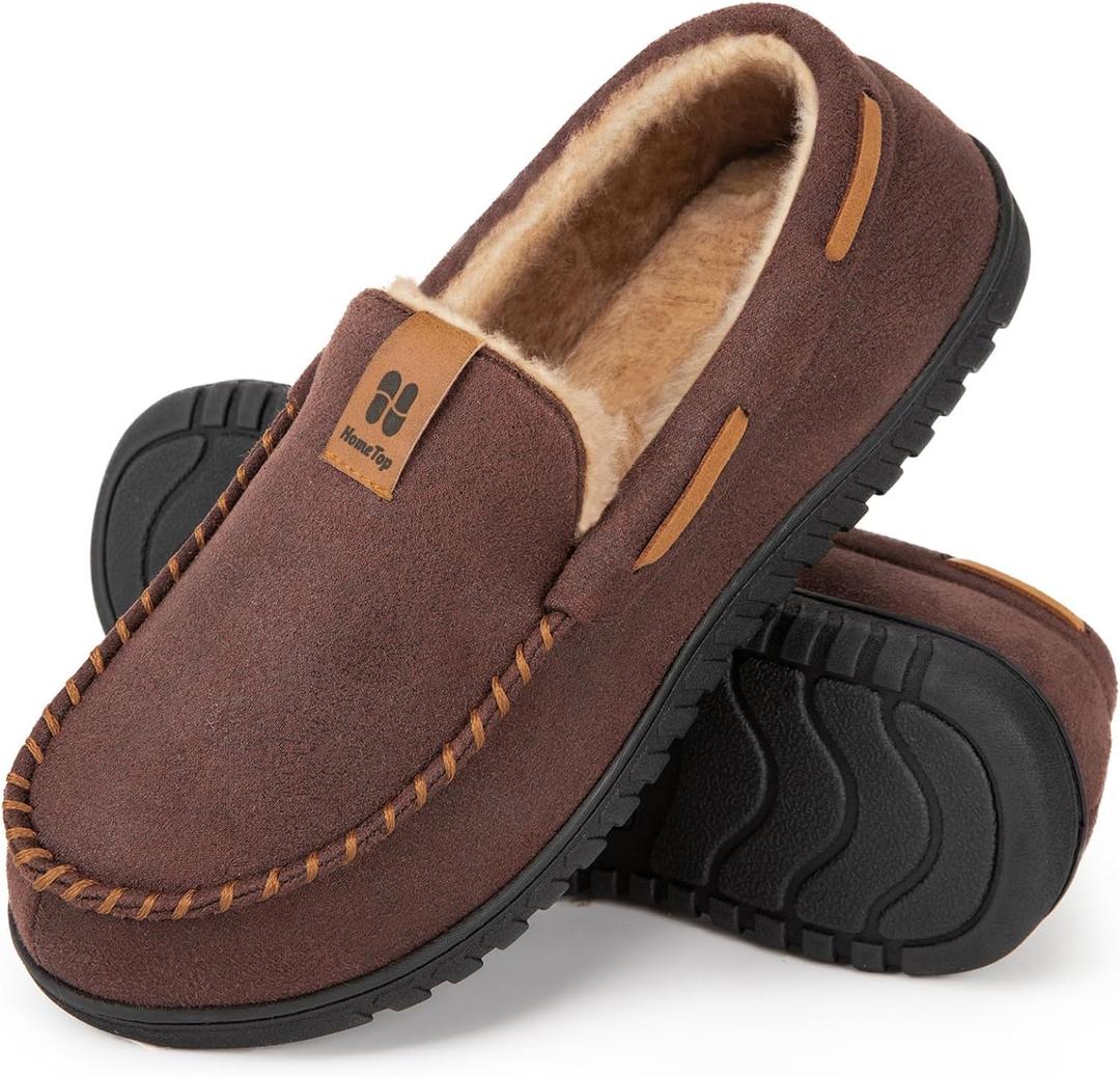 HomeTop Men's Suede Memory Foam Moccasin Slippers Soft Plush Warm Lining House Shoes, 10, Coffee