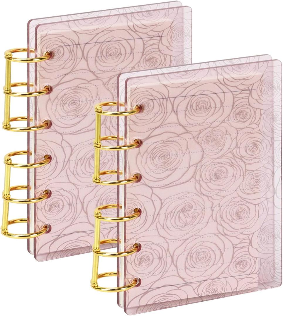 Koqye A7 Acrylic Notebook Binder 6 Ring, 2pcs Loose Leaf Personal Planner Binder 45 Sheets Refills Paper, Lay Flat Design, Gold Metal Round Ring(Rose)