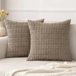 MIULEE Pack of 2 Corduroy Decorative Throw Pillow Covers 20x20 Inch Soft Boho Striped Pillow Covers Modern Farmhouse Home Decor for Sofa Living Room Couch Bed Light Brown (20" x 20" (Pack of 2))