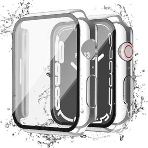 Misxi [2 Pack Waterproof Anti-Scratch Case with Button for Apple Watch Series 9 (2023) Series 8 Series 7 45mm, Hard PC Cover with Tempered Glass Screen Protector for iWatch, 1 Silver + 1 Transparent