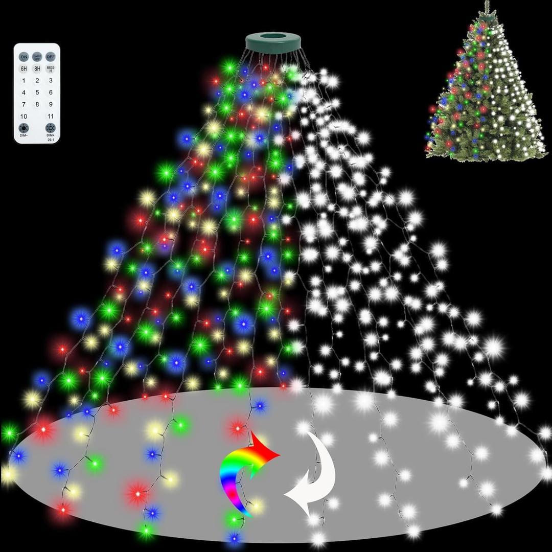 Multicolor/Cold White Christmas Tree Lights with Ring, 400 LEDs 7.5ft x 16 Lines Xmas Strings Light with Remote Control for 5-7.5ft Christmas Tree Decorations Indoor Outdoor