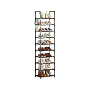 Simple Trending Shoe Rack for Closet, 10 Tiers Narrow Shoe Shelf Holds 20 Pairs, Shoe Organizer Storage with Hooks, Black