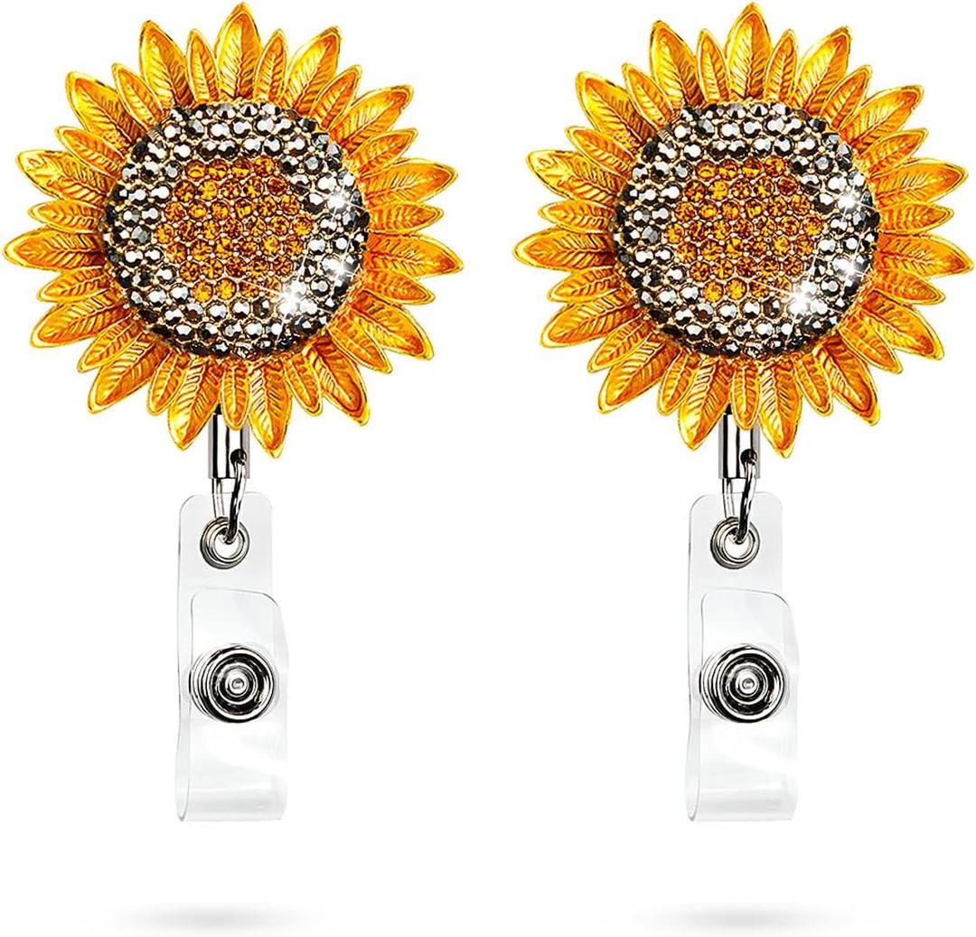 2 Pack Bling Rhinestone Sunflower Badge Reel Holder, Lightweight Retractable ID/Name Badge Holder with Bling Crystal, Women Nurse Badge Holder, Belt Clip