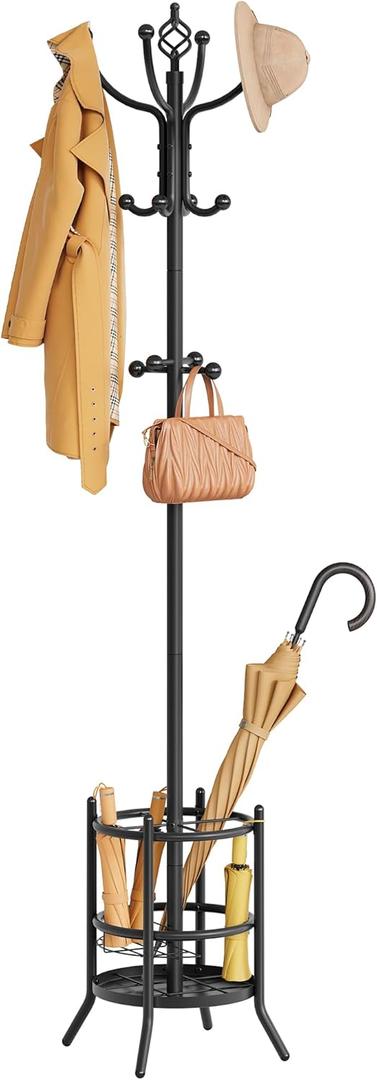 Tajsoon Coat Rack Stand with Umbrella Holder, Coat Tree Freestanding with 16 Hooks, Coat Hangers Stand for Living Room, Bedroom, Office, Black