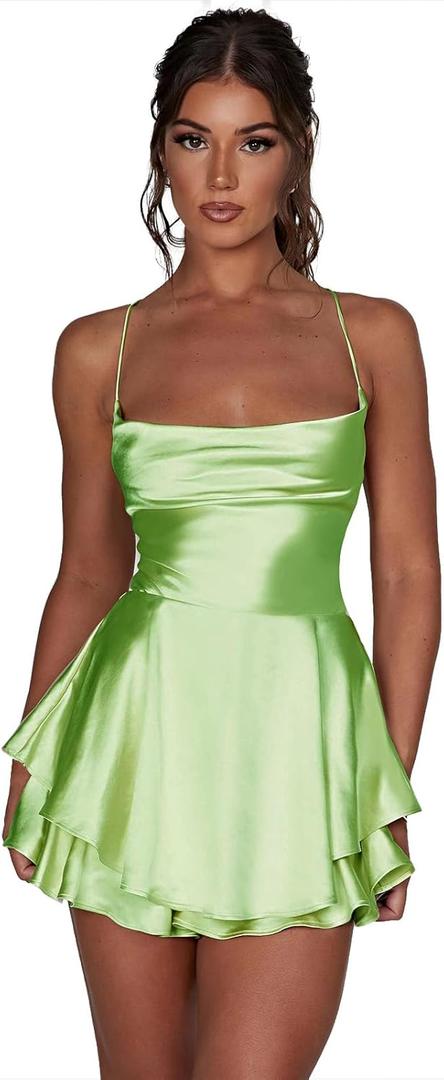 AGYMNX Women Sexy Spaghetti Strap Satin Dress Sleeveless Low Cut Backless Short Romper Dress Party Jumpsuit Mini Sundress (Fluorescent Green) XL