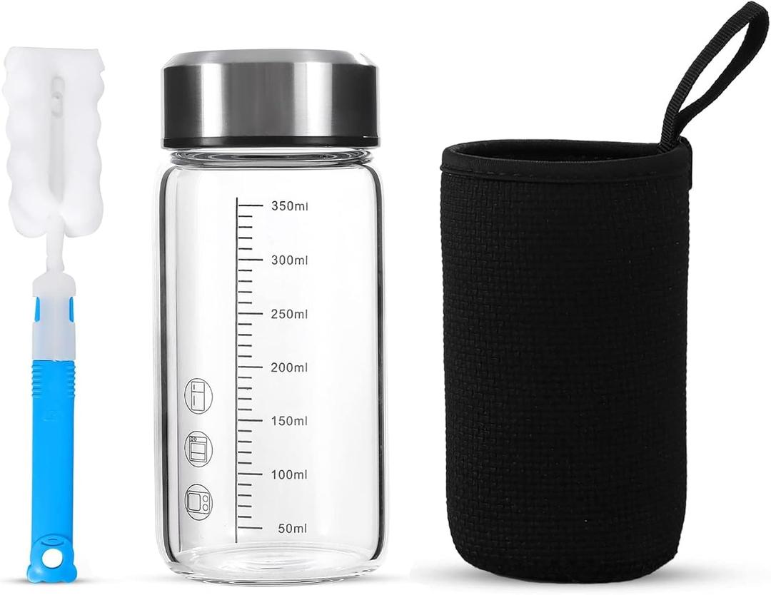 12Oz Small Glass Water Bottle with Lid and Sleeve,0.15in/3.8mm Thick Glass Shaker Bottles for Protein Mixes,Juicing,Smoothies, Infused Water,Beverage,Reusable Wide Mouth Sports Nutrition Shakers