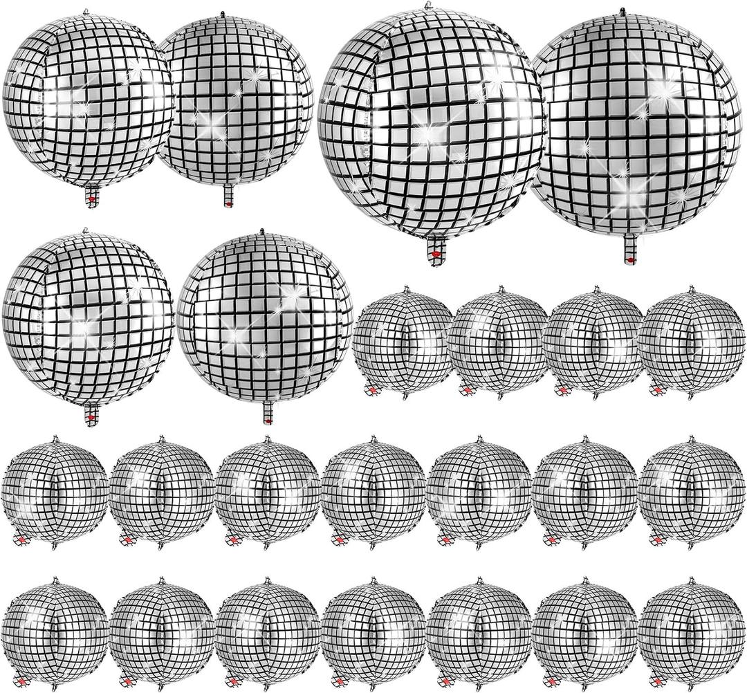 24 Pcs Disco Balloons, 32 10 22 Inch Disco Foil Ball Balloon Bulk, Metallic Silver Mylar Balloons for Disco Ball Decor Music Themed Birthday New Year Party Decorations