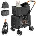 Double Pet Stroller with Detachable Carrier for Medium Small Dogs and Cats, Lightweight Dog Stroller Travel Carriage with No-Zip Canopy Storage Basket One-Click Folding and One-Foot Brake, Black 