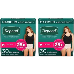 Depend Fresh Protection Adult Incontinence Underwear for Women (Formerly Depend Fit-Flex), Disposable, Maximum, Medium, Blush, 30 Count, Packaging May Vary (Pack of 2)