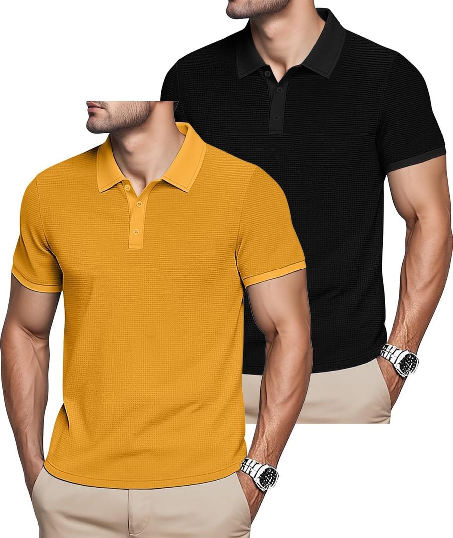 Mens Polo Shirts 2 Pack Breathable Short Sleeve Golf Shirt Casual Button Down Shirt Lightweight Collared Waffle Shirts (Large, Black+yellow)