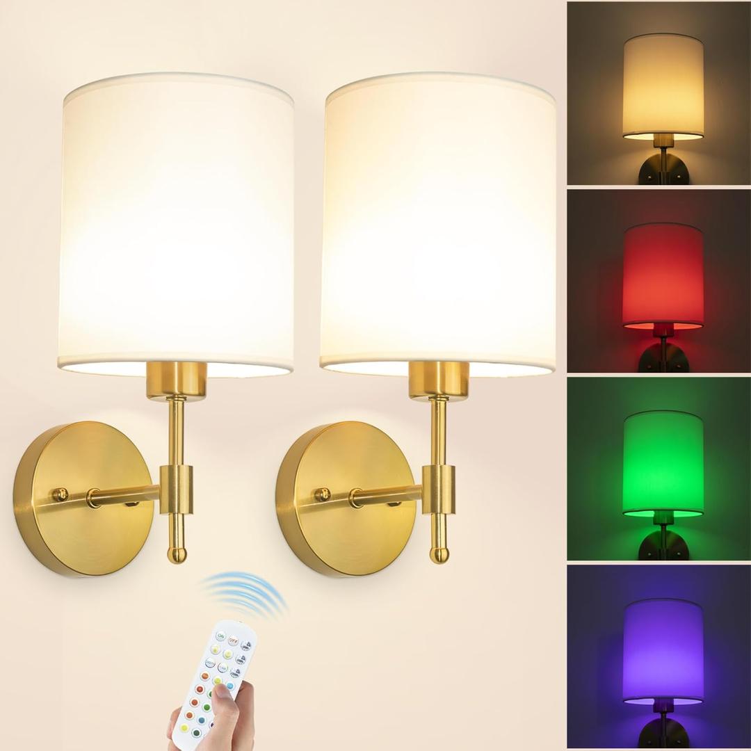 Laiebri Battery Operated Wall Sconce Set of 2, Wireless Wall Sconce with Rechargeable Bulbs and Remote, 15 Colors & Dimmable, Gold Sconces Wall Decor for Bedroom Living Room Hallway