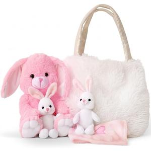 Perfectto Design Easter Gifts for Kids, Stuffed Bunny Toy 5 Pcs - Mommy Stuffed Rabbit, 2 Baby Bunnies and Furry Bag. Soft Easter Bunny Plush Gift for Kids 3-5