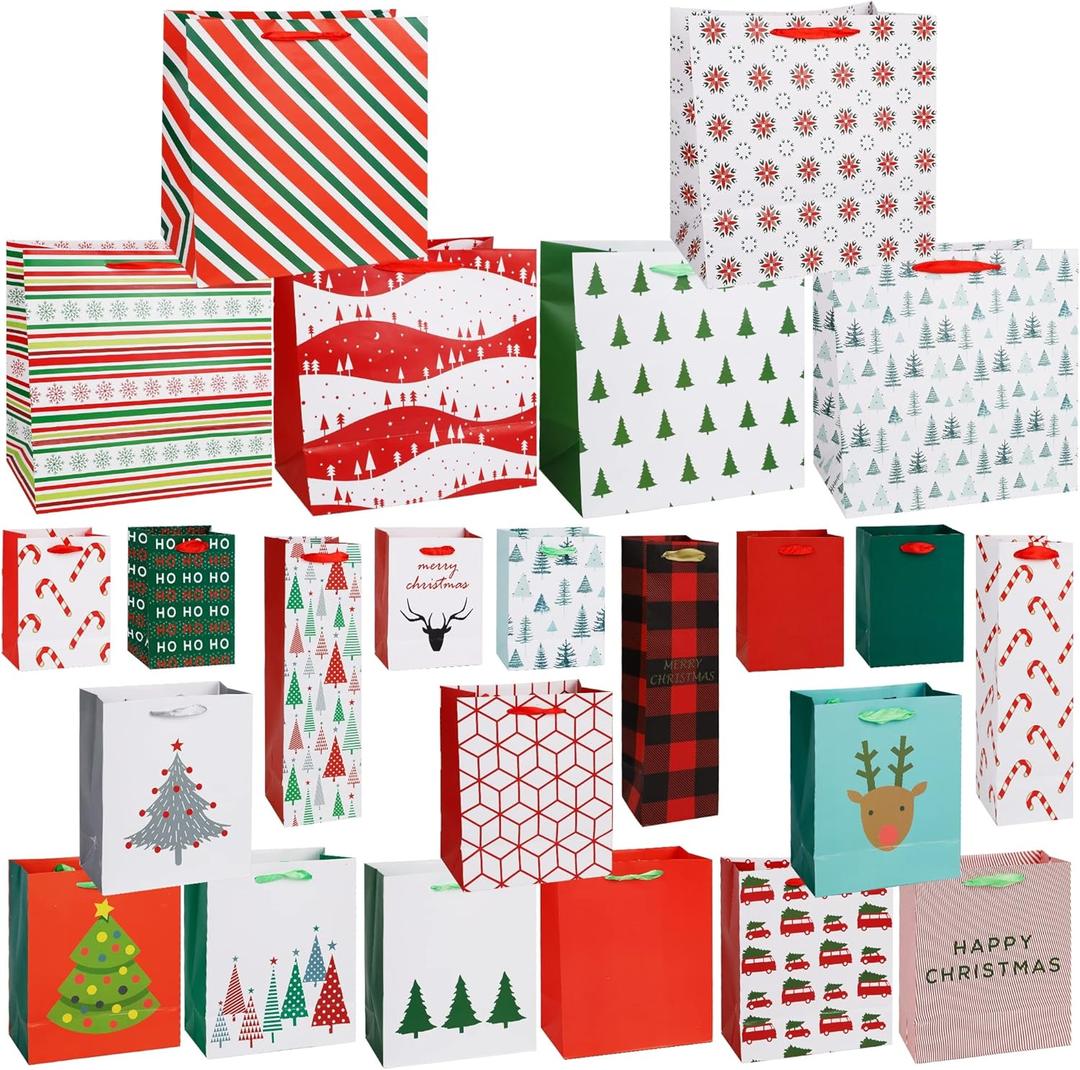 Lulu Home Christmas Wrapping Bags, 24 Packs Assorted Size Art Paper Gift Bags Set with Handles, Xmas Large Medium Small Bottle Bags for Holiday Birthday Present Packaging (Red in the Majority)