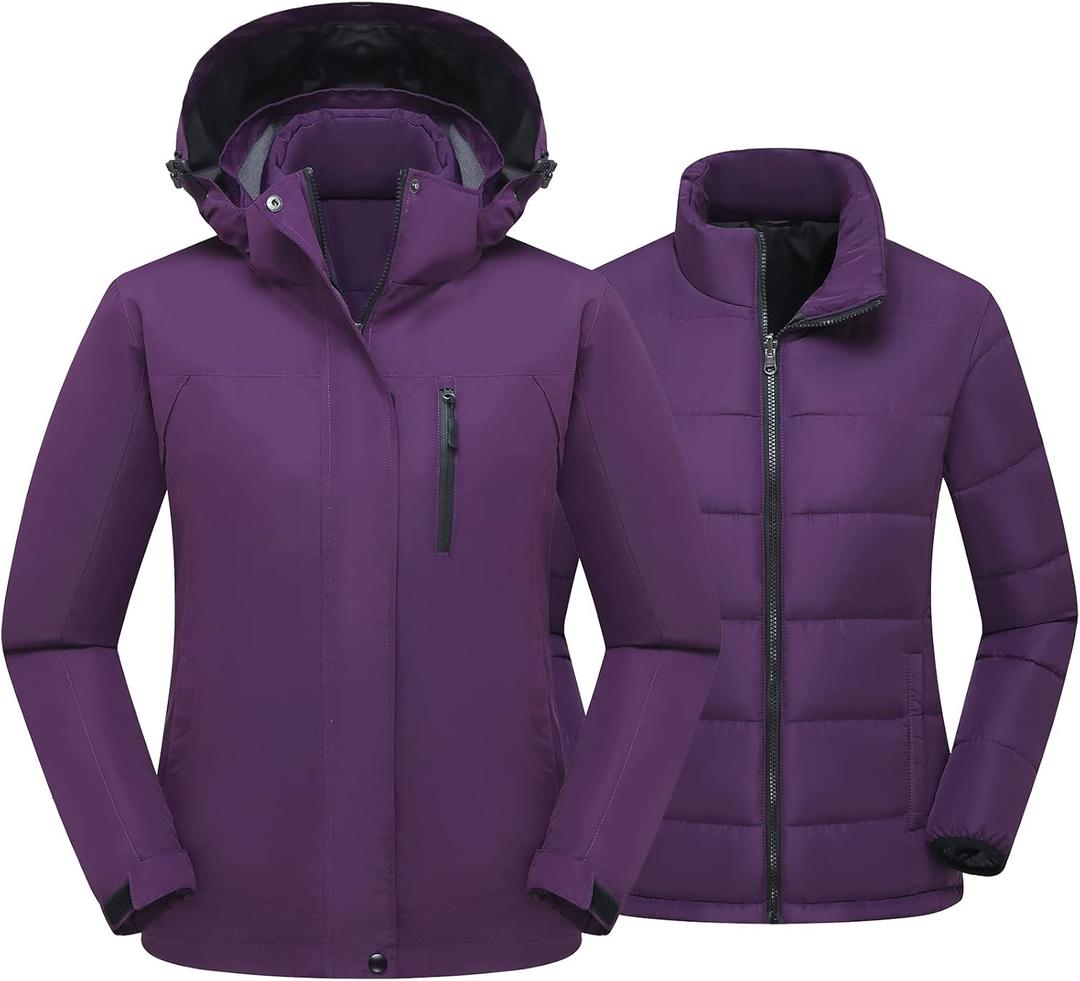 Women's 3 in 1 Ski Jacket Mountain Waterproof Windproof Winter Snow Coat Hike Snowboarding Jackets Hooded Warm Raincoat (Purple, M)