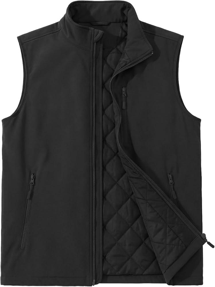 ASPO Men's Windproof Warm Golf Vest Outerwear with 6 Pockets Waterproof Winter Softshell Sleeveless Puffer Jacket for Hiking, Size XXL, Black