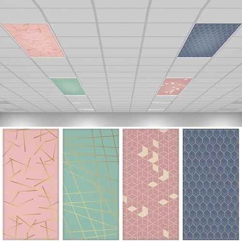 QOUBAI 4 PCS Fluorescent Light Covers, 4x2 Feet Magnetic Light Cover Fluorescent Lights Shade Panel Positive Inspirational Ceiling Lights Filters for Office Classroom Home Drop Ceiling Geometric
