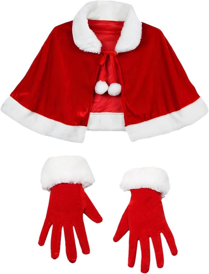 Christmas Cape with Gloves 2 Pcs Mrs Claus Costume Red Velvet Shawl Gloves Mrs Santa Claus Costume Adult for Christmas Party