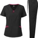 Dagacci Medical Uniform Women's Scrubs Set 4-Way Stretch Split Contrast Net V-Neck Scrub Top and Pants (XX-Large)
