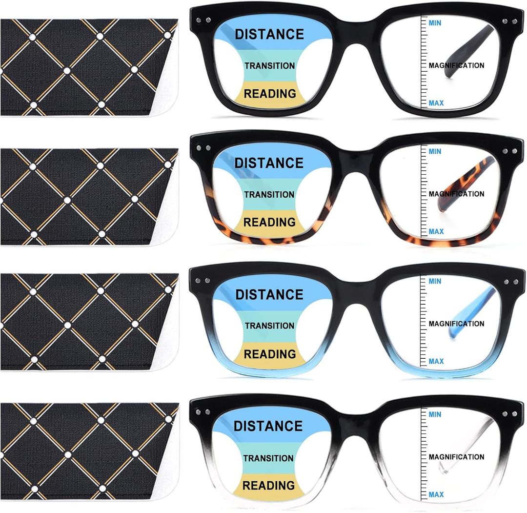 Progressive Multifocus Reading Glasses for Women Men Blue Light Blocking Spring Hinge Square Computer Readers (4 Pack Mixed a)