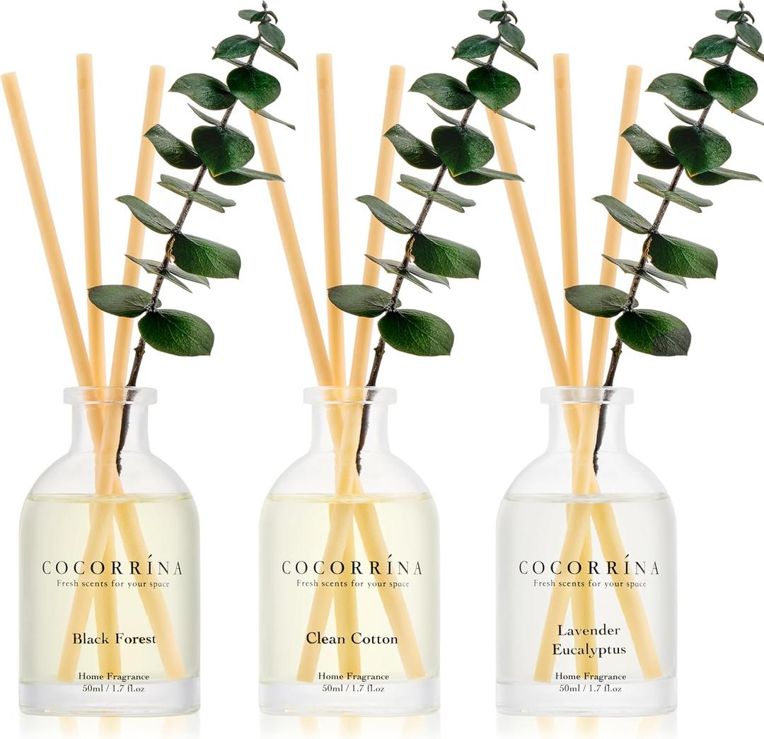 COCORRNA Eucalyptus Reed Diffuser Set of 3 - Lavender Eucalyptus, Black Forest, Clean Cotton Scents, 1.7 fl oz Each, Total 5.1 oz, Scented Oil Diffusers for Home & Office