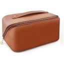 3 x Personalized Travel Makeup Bag, Customized Large Capacity Cosmetic Bag with Printed Name Initials, PU Leather Toiletry Bag for Women, Wide Open Portable Pouch with Divider and Handle, Mothers Day Gift