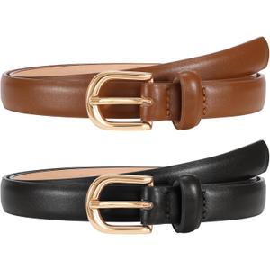 JASGOOD 2 Pack Skinny Leather Belts for Women Plus Size Fashion Thin Waist Belts for Jeans Pants Dresses with Gold Buckle (Brown, M)