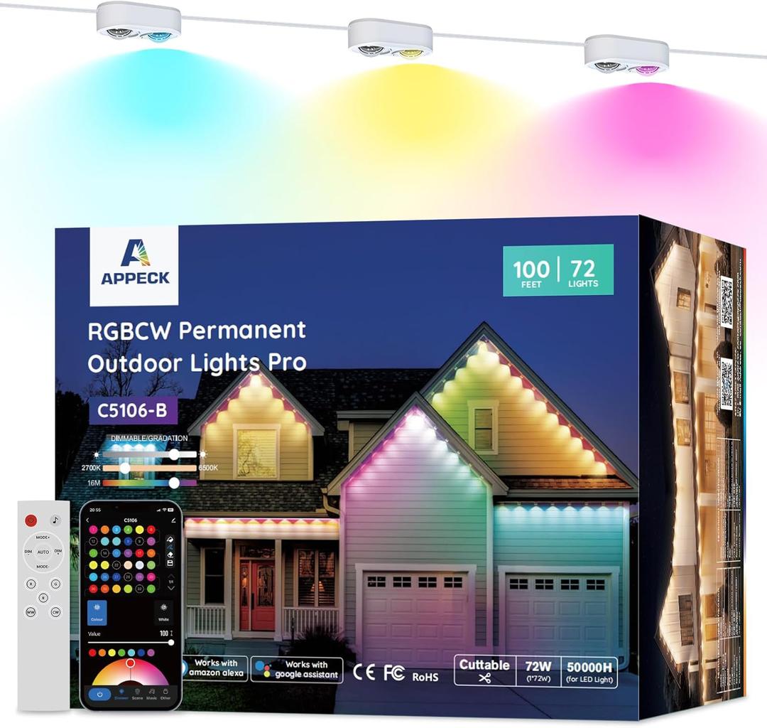 Permanent Outdoor Lights Pro 100ft, 72W RGBCW Eaves Lights with 72 LED Lights, 80lm, Cuttable, 111 Scene Modes, IP67 Waterproof Lighting for Christmas Decoration, Compatible with Alexa, White