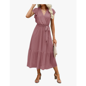 BTFBM Women Summer Bohemian Floral Casual Wrap V Neck Ruffle Cap Sleeveless Belt A-Line Pleated Hem Midi Sun Dress White, Size -Large