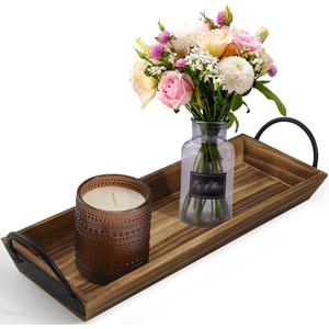 Wooden Candle Tray, Pillar Candle Holder with Black Metal Handles, Rectangular Centerpiece for Rustic Dining Table,Home Decor Accessories for Kitchen Counter，Coffee Table, Fireplace, 15.5x6 inches