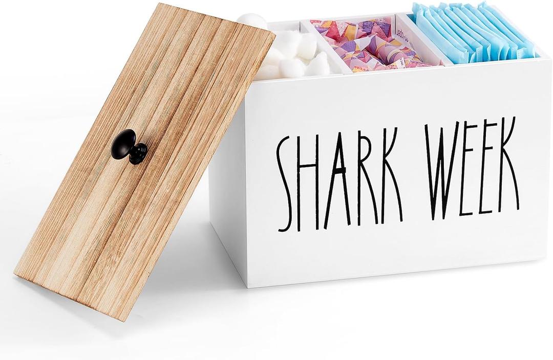 Tampon Holder for Bathroom, Shark Week Tampon Storage Pad Organizer Case for Bathroom, Farmhouse Style Feminine Product Organizer with Lid, Lady Stuff Box for Bathroom Accessories