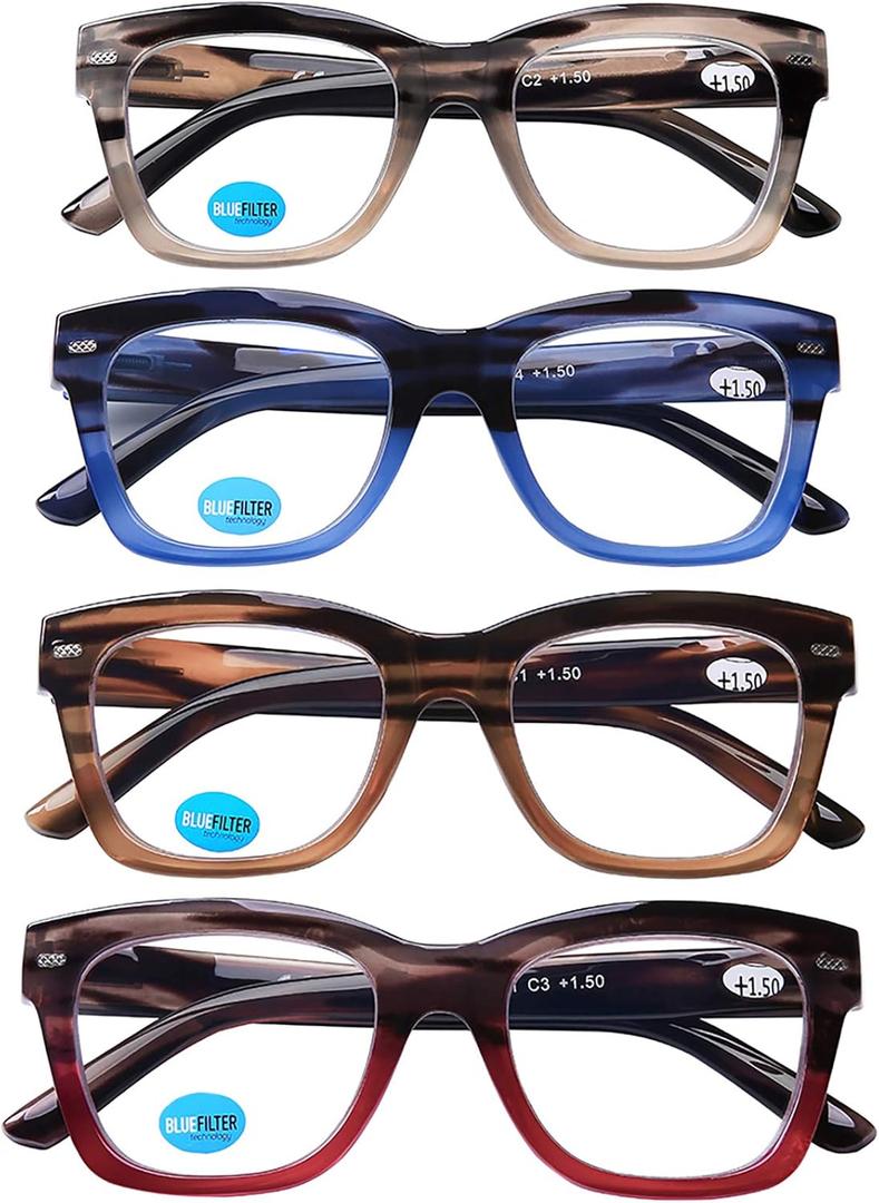 AQWANO Computer Reading Glasses Men Women Blue Light Blocking Oversized Stylish Design Anti Glare Readers with Spring Hinges, 3.50 (4 Pack)