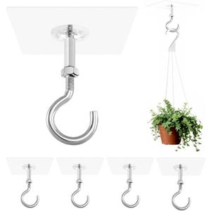 5 Pack Adhesive Ceiling Hooks | No Drill, Holds 30lbs Heavy Duty Stainless Steel Sticky Hangers for Hanging Plants, Lights, Wind Chimes & Lanterns