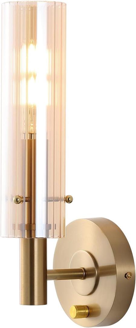 BYOLIIMA Modern Wall Sconces with Striped Amber Glass Shades Gold Brushed Brass Bathroom Vanity Light Fixtures Dimmer ON/Off Switch Indoor Wall Light for Mirror Living Room Bedroom Hallway Staircase