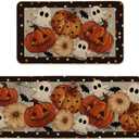 Artoid Mode Black Ghost Spooky Jack-O'-Lantern Pumpkin Halloween Kitchen Mats Set of 2, Low-Profile Home Decor Kitchen Rugs for Floor - 17x29 and 17x47 Inch