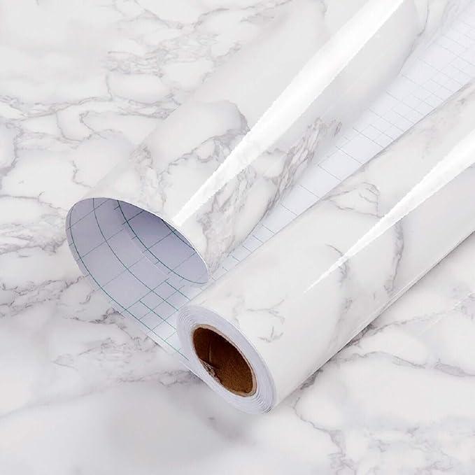 practicalWs Glossy Marble Contact Paper White Peel and Stick for Countertop, Grey Granite Thick Removable Wallpaper for Kitchen Cabinets Furniture Refurbishment Wall Decor Vinyl Wrap, 2ft