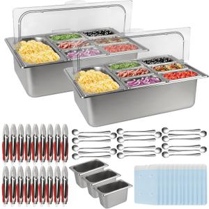 Lanstics 2PCS Pizza Topping Station 10 Pans Stainless Steel Spice Organizer Salad Bar Buffet Station with Spoons Ice Boxes Buffet Containers Set for Sauce Jam Ingredient Kitchen Restaurant Pantry
