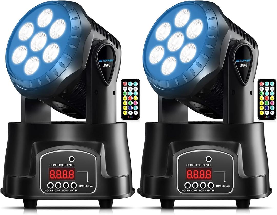 BETOPPER Mini RGBW Stage Lighting, 7 x 8W Moving Head Wash Light, Sound Activated, DMX Remote Control for Parties, Club, Concert, Disco Events, 2 Packs