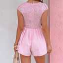 Women Summer Gingham Mini Dress Short Sleeve Deep V Neck Smocked Jumpsuit Romper Dress Plaid Babydoll Dress (Pink, M)