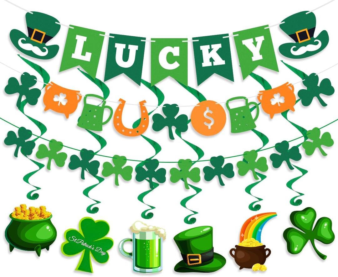 2 x 15Pcs St Patricks Day Decorations St Patricks Day Decor Pre-Assembled Shamrock Lucky Banner Clover Garland Banners Hanging Swirls for Irish Party Supplies Saint Patricks Day Decorations