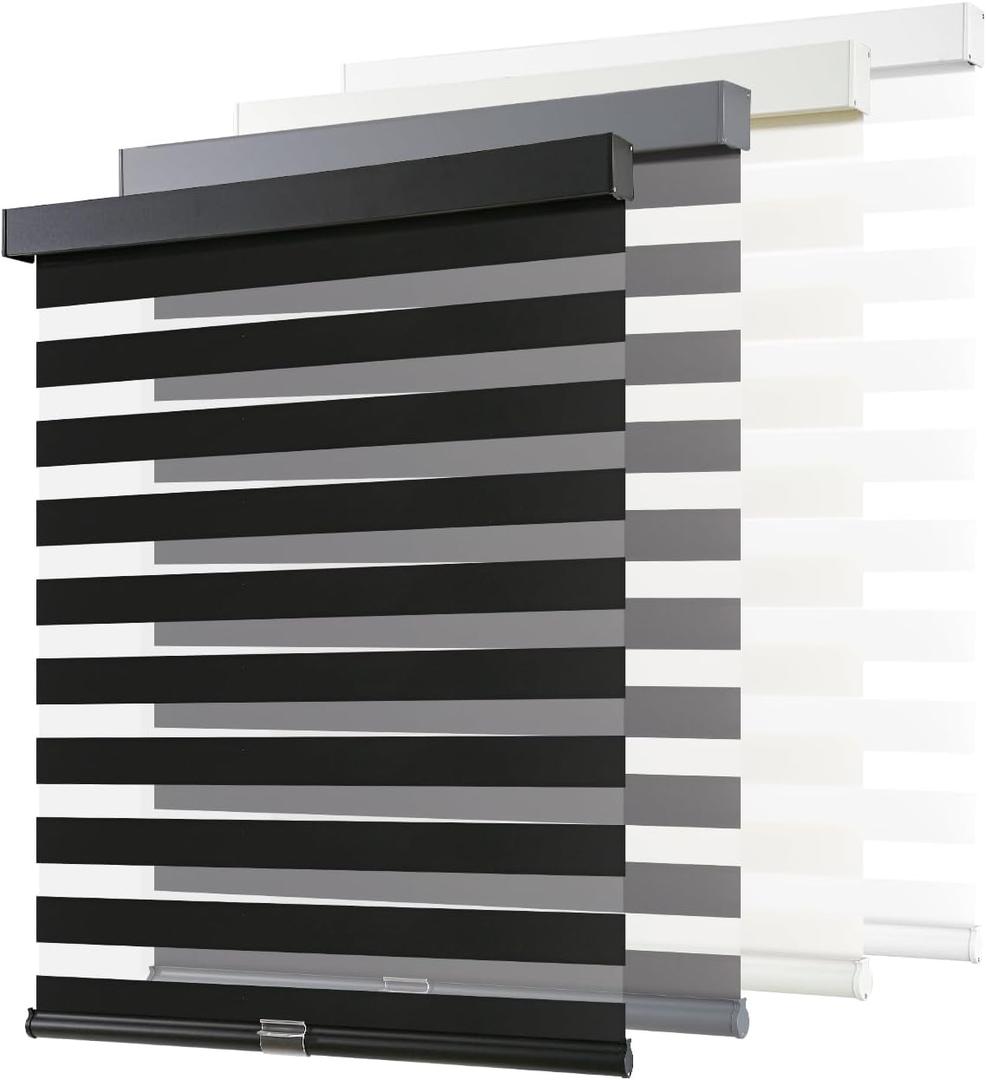 AOSKY Cordless Zebra Blinds for Windows Pull Down Roller Window Shades Dual Layer Light Filtering Privacy for Day and Night, Free-Stop Door Shades for Home Easy to Install (34" W X 72" H, Black)