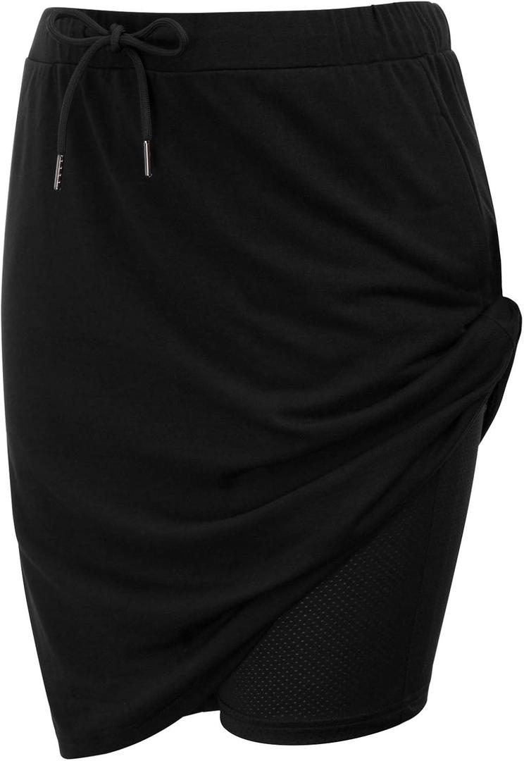 JACK SMITH Women's Stretchy Knee Length Skirts Athletic Skorts for Woman Drawstring Waist with Mesh Shorts Pockets (Black, M)