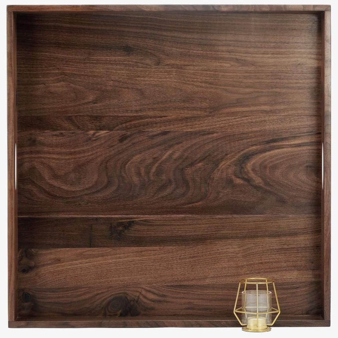 26 x 26 Inches Extra Large Square Black Walnut Wood Ottoman Tray with Handles, Serve Tea, Coffee Classic Wooden Decorative Serving Tray