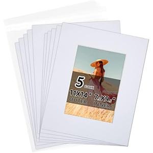 Acid Free 5 Pack 11x14 Pre-Cut Mat Board Show Kit for 8x10 Photos, Prints or Artworks, 5 Core Bevel Cut Matts and 5 Backing Boards and 5 Crystal Plastic Bags, White