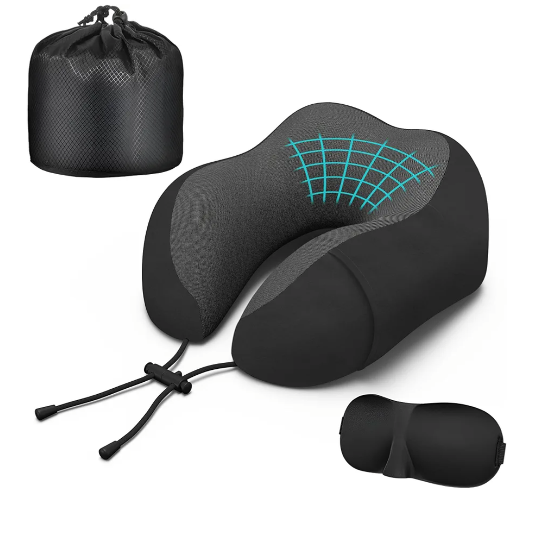 Neck Travel Pillow, Upgraded Memory Foam Pillow for Airplane, Machine Washable, Adjustable Flight Pillow, Suitable for Sleeping Airplane, Car, Office and Home