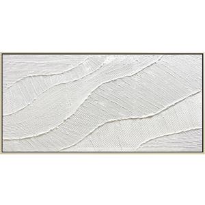 GeekMacro White Hand Painted Abstract Oil Painting Textured Wall Art - Large Framed 58x29 Minimalist Artwork Living Room Bedroom Horizontal Wall Decor