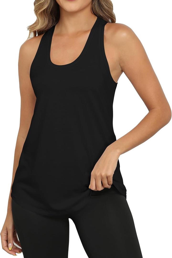 PRIMODA Womens Loose Fit Racerback Tank Top Sleeveless Tops Summer Scoop Neck Curved Hem Tanks (Black, L)