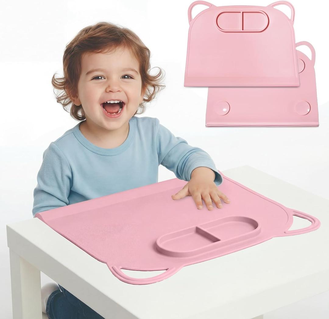 Domensi Large Silicone Suction Placemat with Teething Edge Bumper/Spill for Baby Toddlers Kids with Storage Bag, Non-Slip Dinning Table Mat, Dishwasher Safe for Table (Pink,1 Pack)